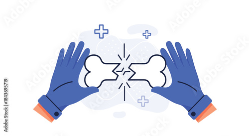 Gloved hands holding a broken bone icon with medical crosses, representing orthopedic care, fracture treatment, and bone health.