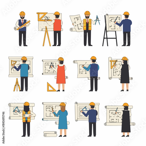 A collection of illustrated construction architects and engineers working on building blueprints and plans, wearing hard hats.