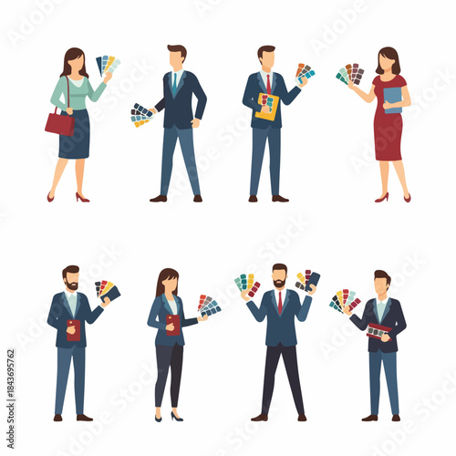 Collection of designers and professionals holding color swatch palettes for color selection, matching, and interior design planning, vector illustration set.