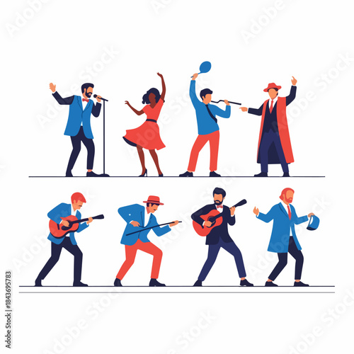 Dynamic group of performers, musicians, and dancers on a stage, showcasing a vibrant show or theatrical performance in a modern flat vector illustration style.
