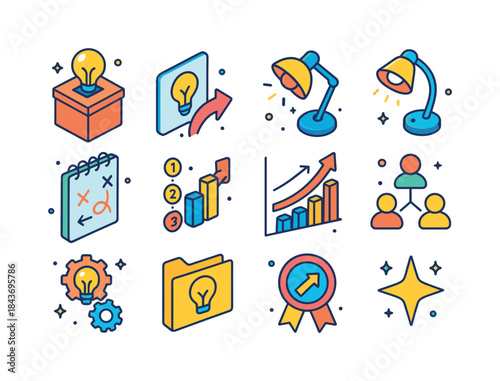 Colorful Workplace Icons. Workplace Ideas. Colorful isometric ve