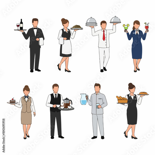 Diverse hospitality staff vectors collection featuring waiters and waitresses serving food, beverages, wine, and cocktails.