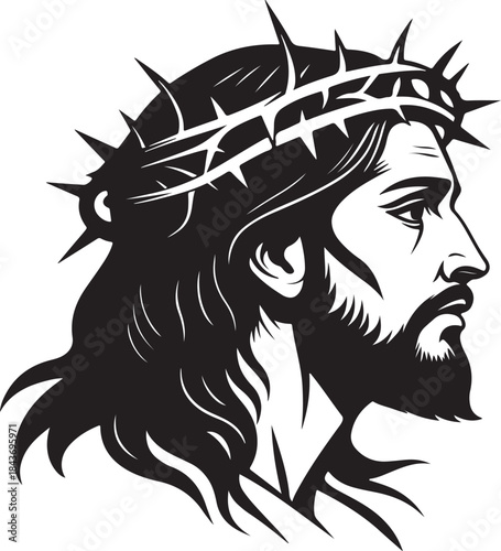 Clean Black Silhouette of Jesus Christ Face with Crown of Thorns Symbolic Christian Faith Minimal Vector Art