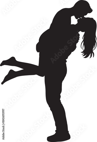 Silhouette of a man lifting and kissing a woman in love
