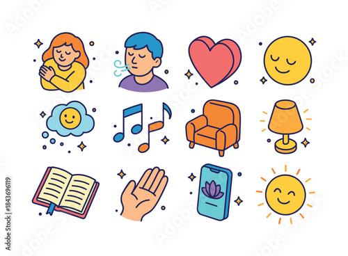 Emotional Well-being Icons. Emotional well-being. Colorful isome
