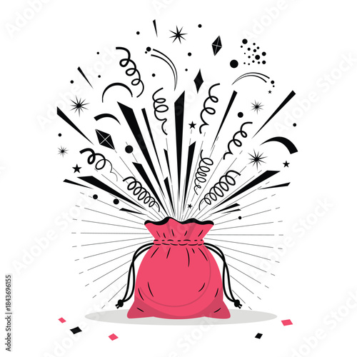 Red drawstring bag with exploding black and white confetti, streamers, and stars, representing a surprise, giveaway, or special event.