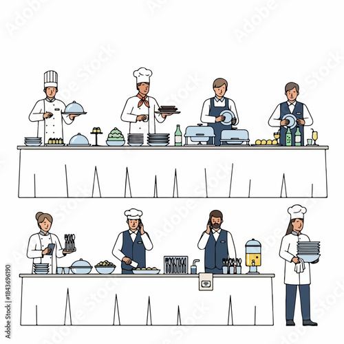 A colorful illustration of professional catering staff, including chefs and waiters, managing and preparing a full service buffet line for an event.
