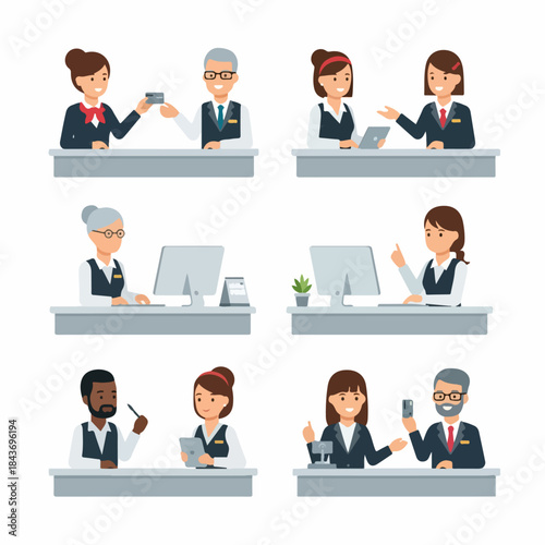 Diverse collection of customer service representatives, bank tellers, and receptionists sitting at desks and engaging with clients or performing office duties.