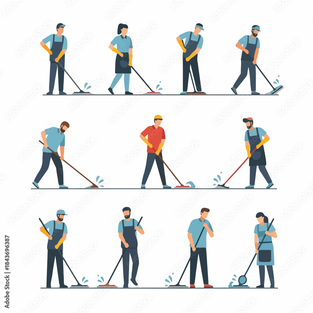 Fototapeta premium Diverse Cleaning Staff Using Mops and Squeegees: Set of Professional Janitors in Uniform Cleaning Wet Floors.