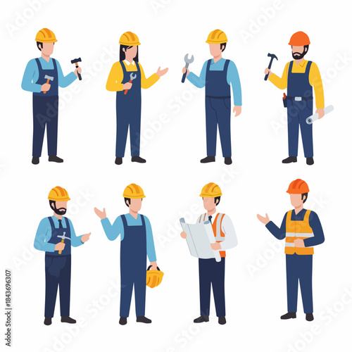 Diverse set of construction workers, engineers, and maintenance personnel in protective gear holding tools and blueprints, flat vector illustration on white background.