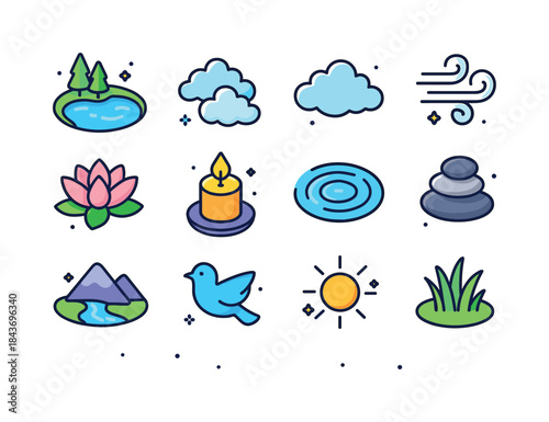 Tranquil Isometric Icons. Tranquility. Colorful isometric vector