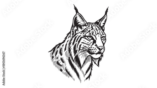 A striking black and white vector illustration of a lynx head, featuring its distinctive ear tufts and spotted fur, looking intently to the right — stock vector.