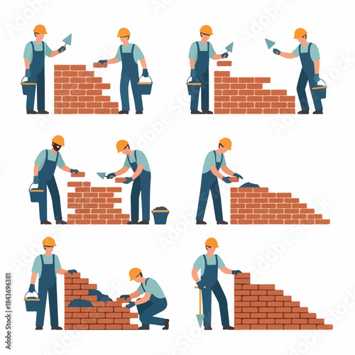 Bricklayer working process illustration set. Construction workers building a red brick wall using tools like trowel and mortar, showcasing masonry work stages.