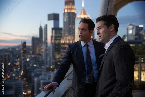 Two businessmen in suits stand on a balcony overlooking a city skyline at dusk.