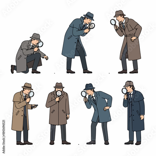 Vector set of classic detective characters in trench coats and fedoras, using magnifying glasses to examine evidence, isolated on white.