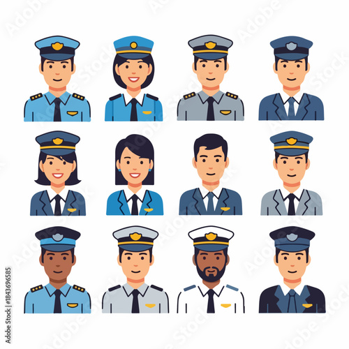 Diverse collection of uniformed professional avatars, including police officers, pilots, and security staff, featuring men and women icons in flat design style.