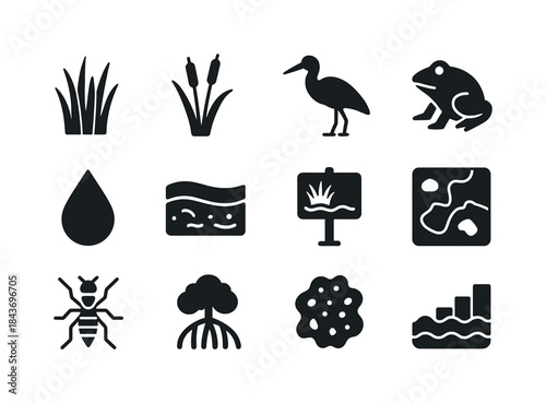 Wetland Conservation Icons. Preserving wetlands. Solid icon set