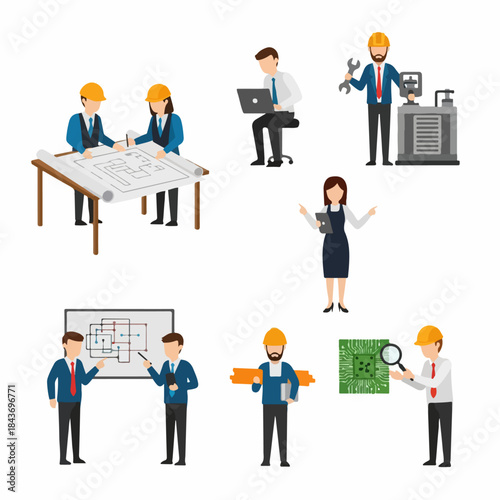 Engineering professionals set performing various technical tasks: architectural planning, system maintenance, and technology analysis.