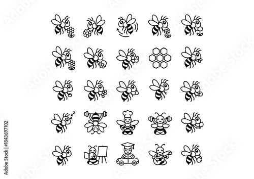 Busy Bee Icon Set: 25 Black & White Vector Actions, Unique Bee Character Icons: Minimalist Black Line Art Collection, Vector Worker Bee Activity Pack: Diverse Action Graphics
