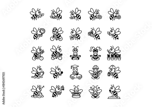 Busy Bee Icon Set: 25 Black & White Vector Actions, Unique Bee Character Icons: Minimalist Black Line Art Collection, Vector Worker Bee Activity Pack: Diverse Action Graphics
