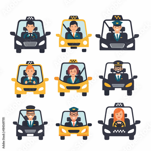 Diverse Set of Professional Taxi and Ride-Share Drivers. Male and Female Chauffeurs Operating Yellow and Black Vehicles.