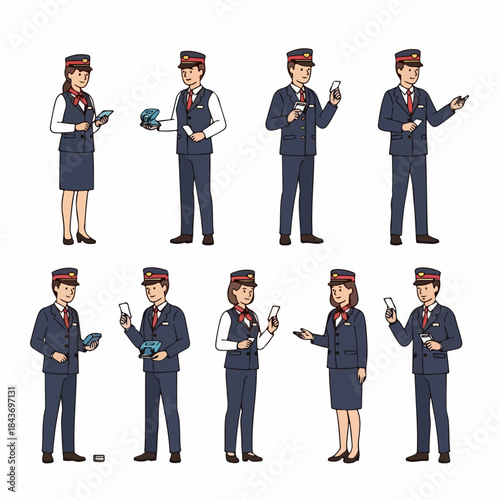 Various Poses of Professional Railway Conductors and Ticket Inspectors in Uniform, Hand-Drawn Cartoon Style Set for Service Industry and Travel.