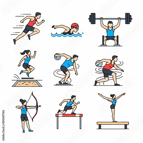 A colorful line art icon set featuring various athletic sports, including running, swimming, weightlifting, gymnastics, and track and field events.