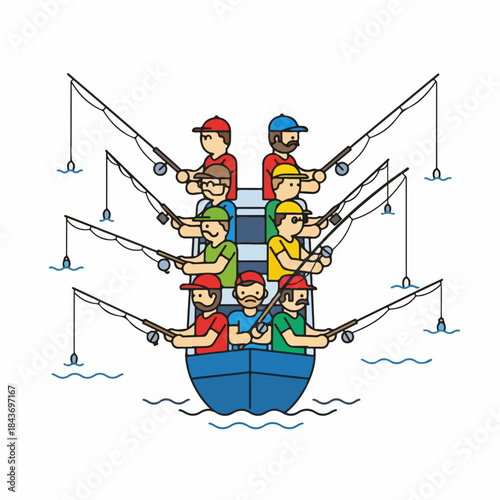 Crowded fishing boat trip with nine anglers holding multiple rods, representing a recreational outdoor water activity in a cartoon style.