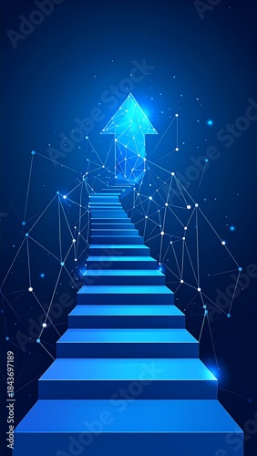 A digital illustration of a staircase leading upwards to a glowing arrow, with a network of lines and dots around