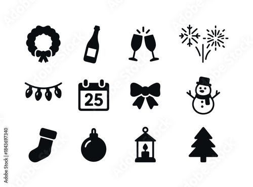 Festive Icon Collection. Seasonal celebration. Solid icon set of