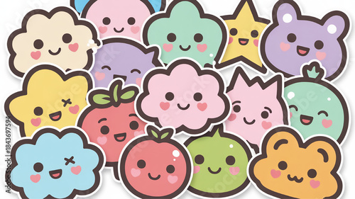 Collection of cute kawaii weather icons including clouds stars and fruits perfect for childrens apps and stickers isolated on white