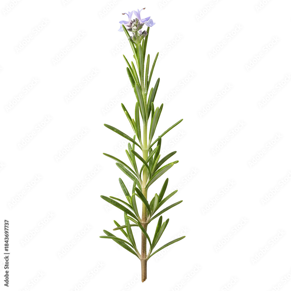 Fototapeta premium Rosemary herb stem with green leaves and light purple flowers isolated on white background with stem detail