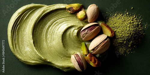Pistachio Bliss: A visually appealing display of pistachio spread, accompanied by whole pistachios and finely ground pistachio powder. It's a culinary dream.