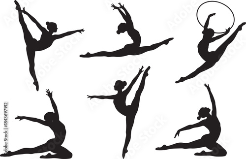 Silhouettes of rhythmic gymnasts in various poses