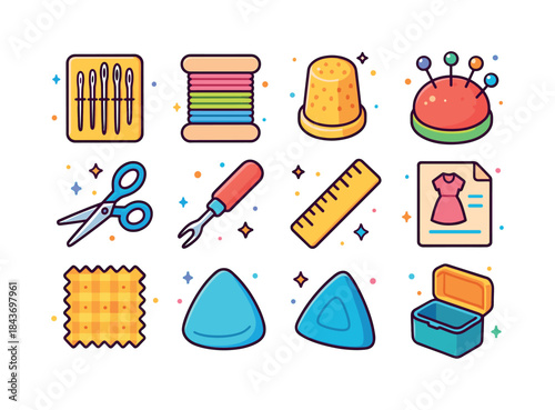 Stitching Essentials Icons. stitching essentials. Colorful isome