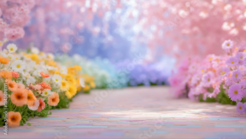 色とりどりの春の花が咲く小道とパステルカラーの幻想的な背景