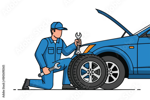 A mechanic in blue overalls, kneels by a car, holding wrenches near a tire