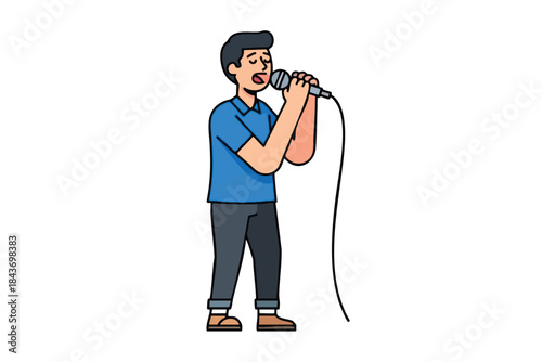 A person in a blue shirt sings into a microphone, standing on a white background