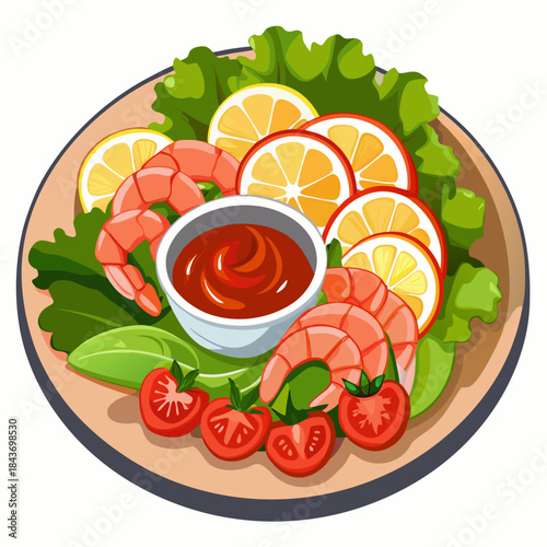Shrimp cocktail platter with lemon and tomatoes