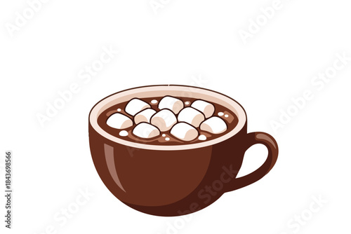 A mug of hot chocolate topped with fluffy marshmallows, illustration style