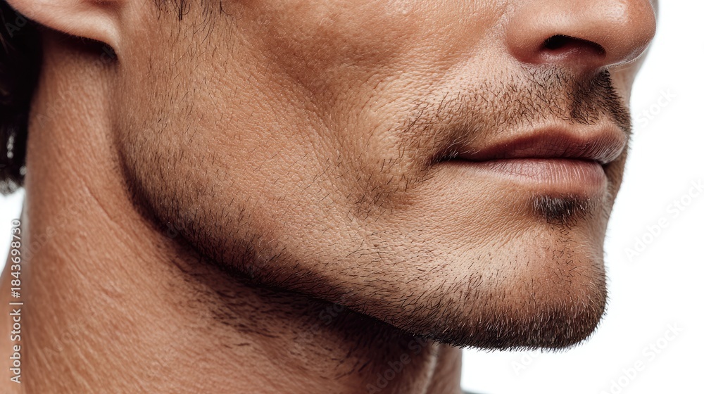 Fototapeta premium Close-Up Portrait of a Male's Jawline and Facial Features Showcasing Skin Texture and Masculinity