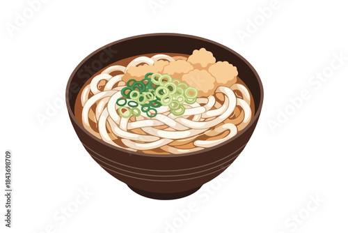 A bowl of Japanese udon noodles with tempura and chopped green onions