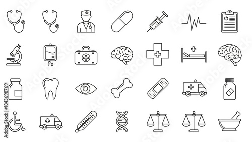 Medical Health Icons Set Line Art Healthcare Symbols Doctor Hospital Clinic Treatment Vector
