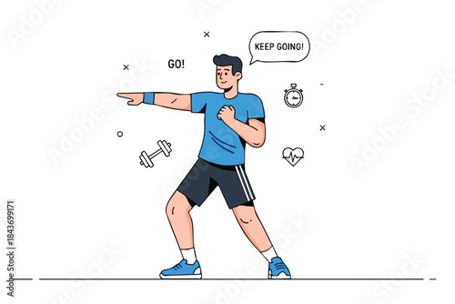 Vector illustration of a man exercising, with fitness symbols and motivational text