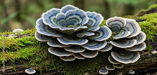 Cluster of turkey tail mushrooms growing on a mossy log