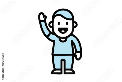 A smiling, cartoonish figure in blue raising an arm to wave or greet