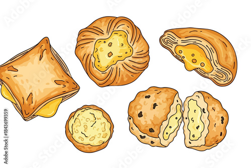 Several baked pastries on a white background, with a yellow filling