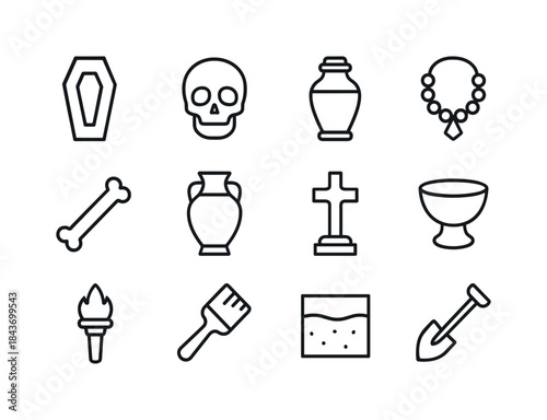 Burial Icon Set. Burial Findings. Line icon set of Burial Findin