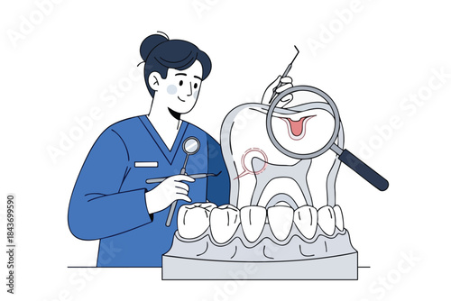 Dentist checking a tooth model, using tools and a magnifying glass, showing a cavity