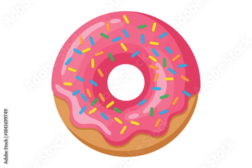 A pink donut with colorful sprinkles, depicted with a ring-shaped cut out